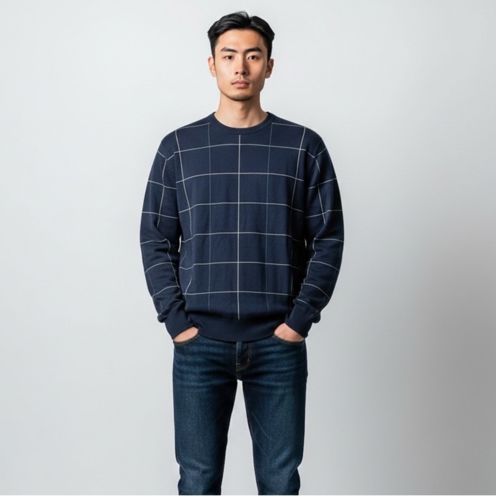 Bobby Jones Players Men’s Crewneck Sweater Navy Windowpane‎ Check Large
